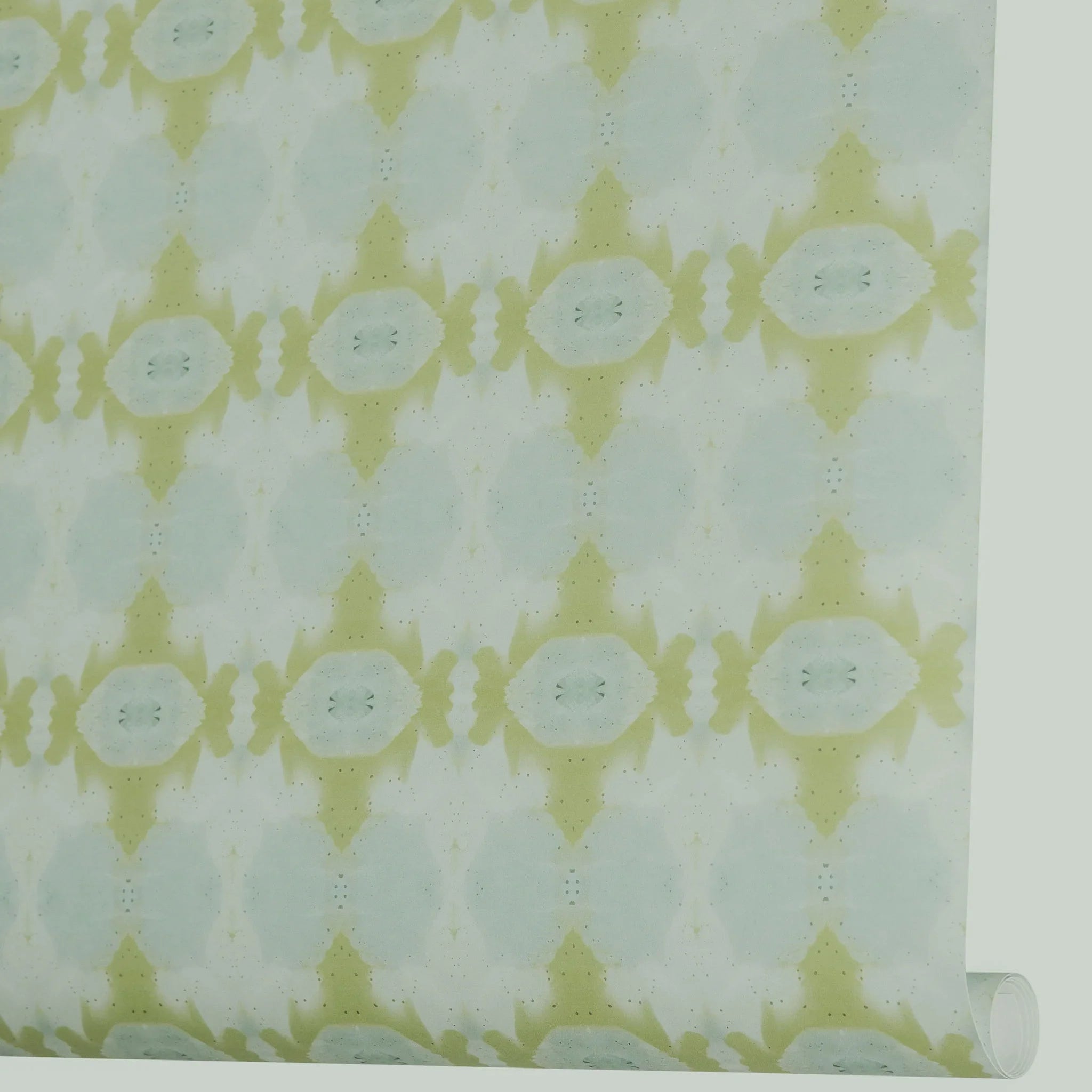 Designer abstract wallpaper in chartreuse green and soft blue with an organic geometric motif, ideal for modern traditional interiors, statement walls, and layered homes.