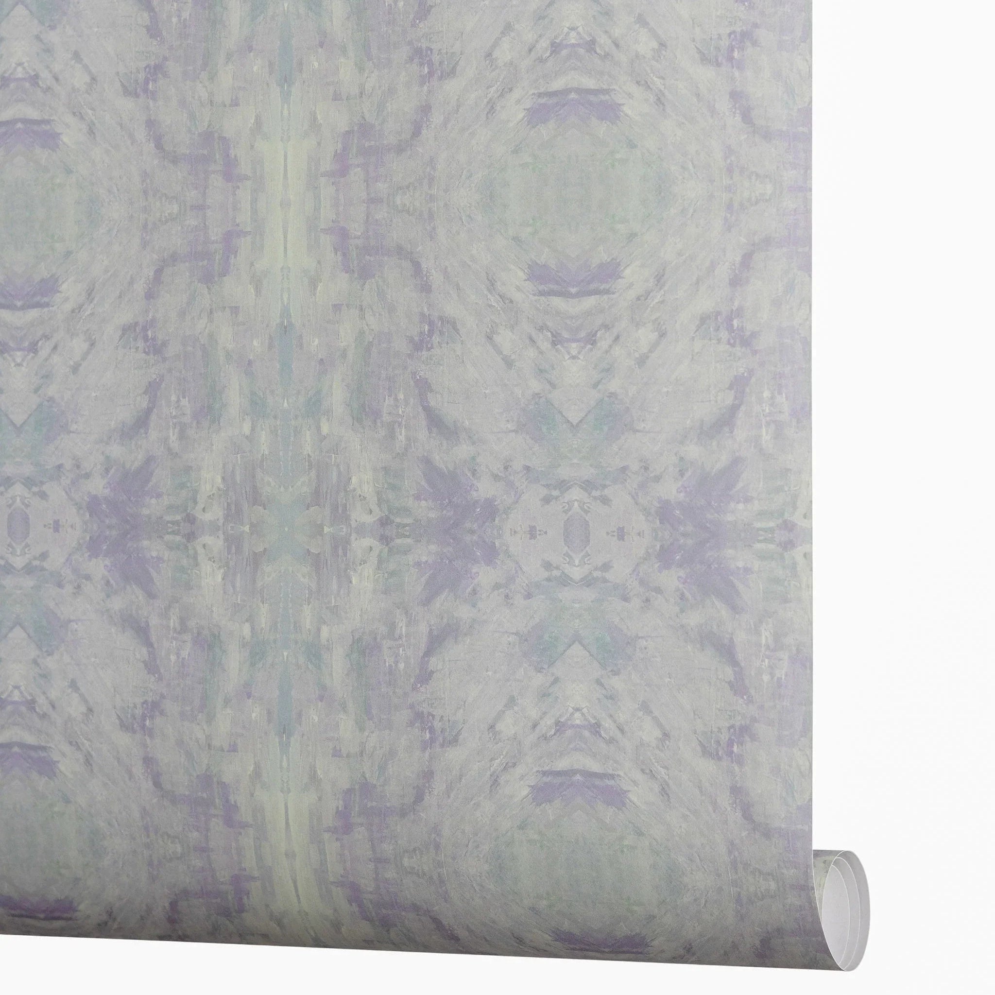 Designer abstract wallpaper with a richly layered pattern in lavender, soft blue, and sage green, inspired by Truett's original artwork and ideal for sophisticated modern traditional interiors.