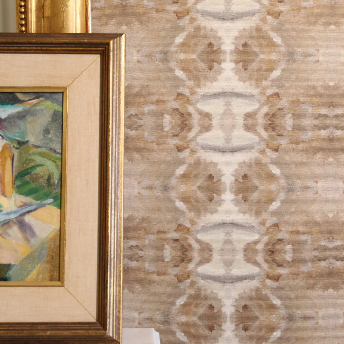 Luxury cognac brown abstract wallpaper with painterly organic movement and linear lines inspired by live oak trees, designed for contemporary and modern traditional interiors.