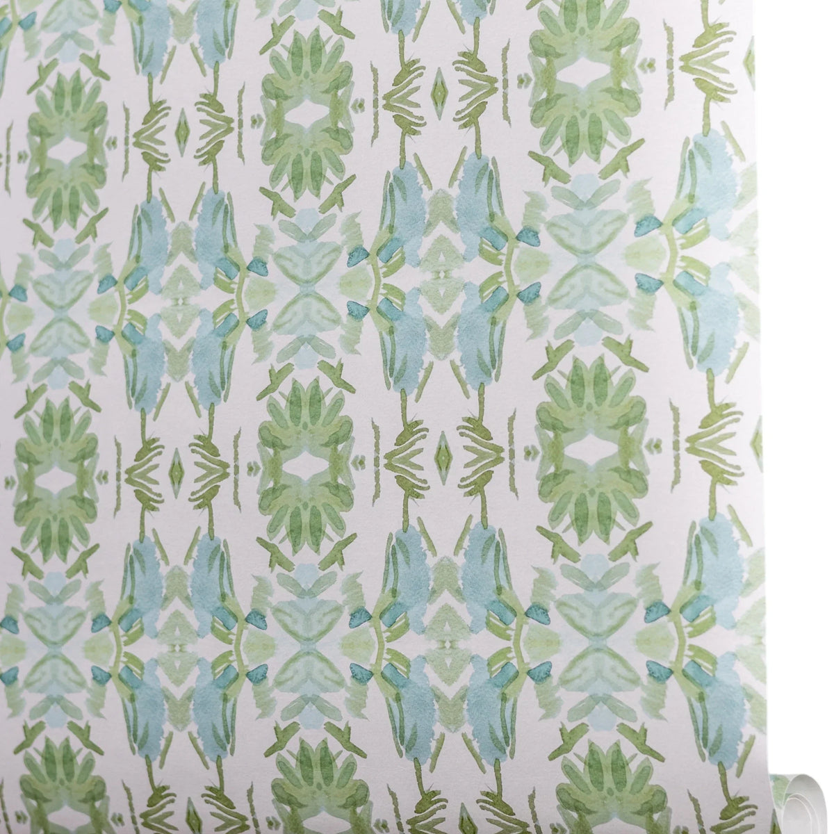Luxury botanical wallpaper featuring an artistic wildflower-inspired pattern in sage green and soft blue, designed for modern traditional interiors, powder rooms, bedrooms, dining rooms, and collected homes.
