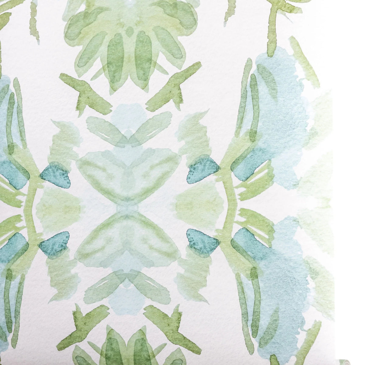 Luxury botanical wallpaper featuring an artistic wildflower-inspired pattern in sage green and soft blue, designed for modern traditional interiors, powder rooms, bedrooms, dining rooms, and collected homes.