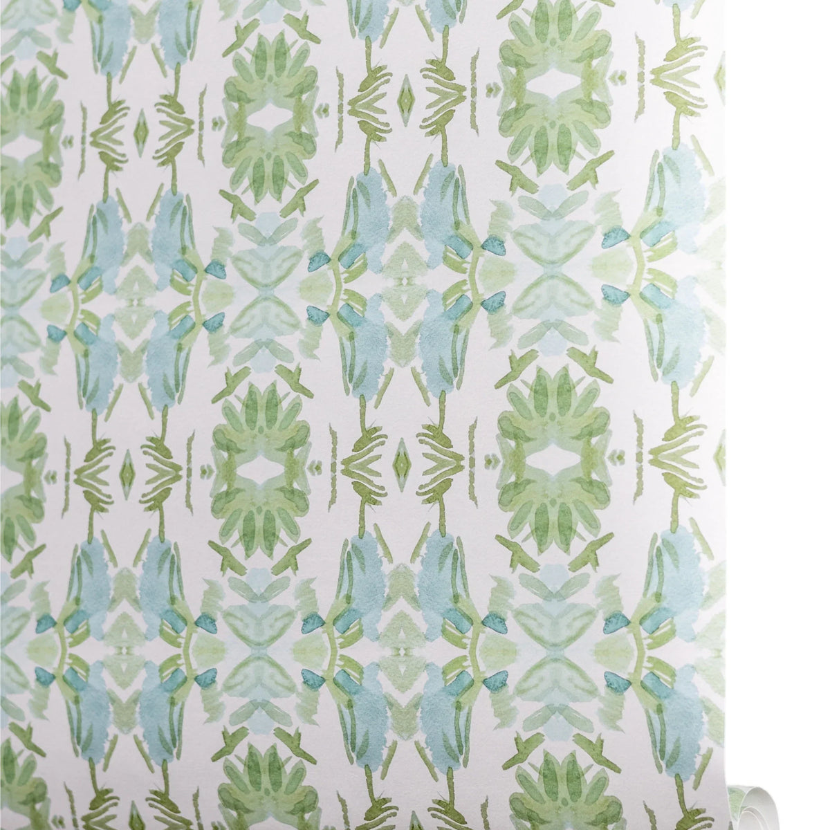 Luxury botanical wallpaper featuring an artistic wildflower-inspired pattern in sage green and soft blue, designed for modern traditional interiors, powder rooms, bedrooms, dining rooms, and collected homes.